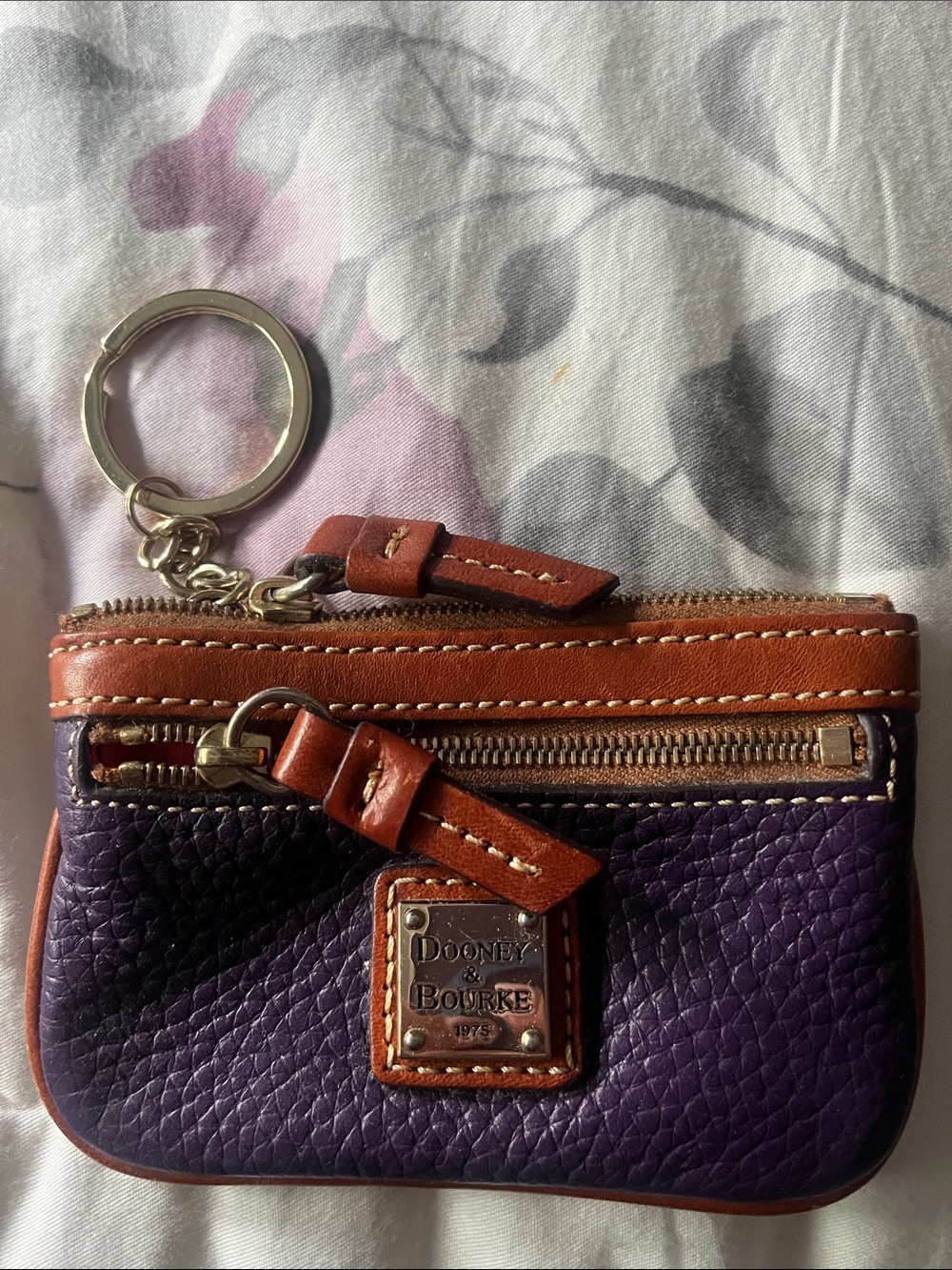Dooney & Bourke Purple Pebble Leather Mini Key Pouch with Brown Trim